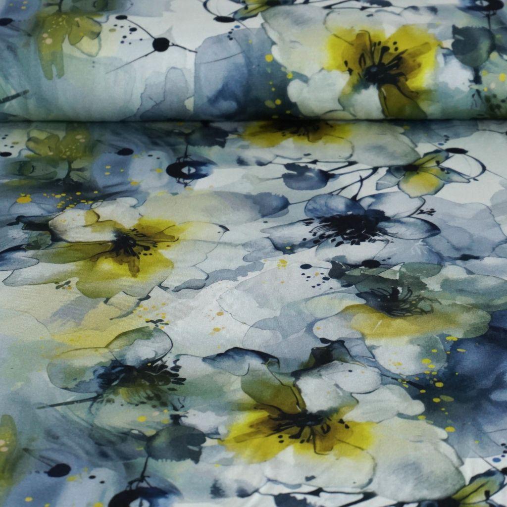 Viskosejersey Blüten grau gelb - Avalana ECOVERO™